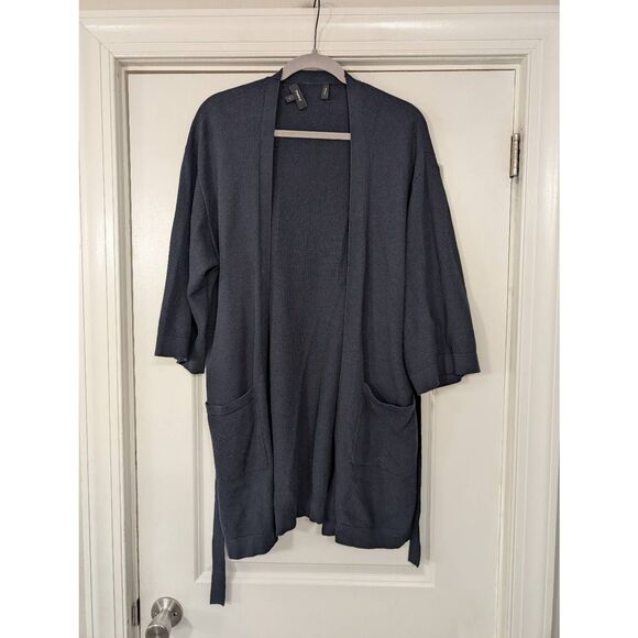 Theory Cardigan Sweater‎ women's small navy blue belted boxy 1/2 sleeve cotton - Picture 1 of 7